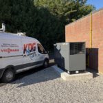 KDG Plumbing van beside installed Generac generator against brick building