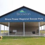 Brockton Bruce Power Regional Soccer Park pavilion with blue roof and signage