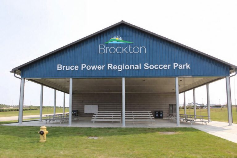 Brockton Bruce Power Regional Soccer Park pavilion with blue roof and signage