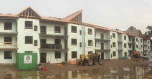 Wide construction site with apartment building and equipment